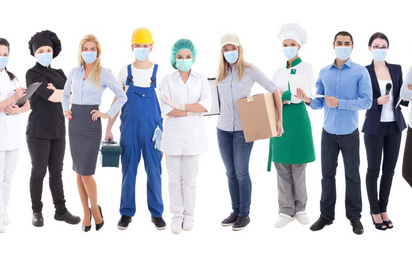 coronavirus, pandemic, health care and unemployment concept - set of different people in protective mask isolated on white - © ©Di Studio - stock.adobe.com Stockfoto Corona-Beauftragter, mehrere Personen mit Masken in einer Gruppe