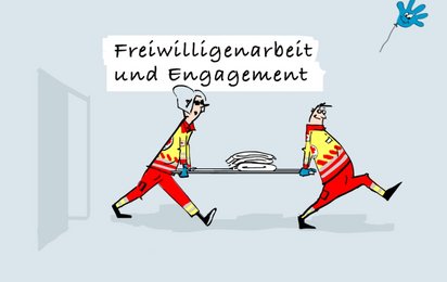 Zwei Sanitäter:innen tragen eine Trage im Comic-Stil.