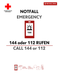 Notfallleuchte mit dem Text "Notfall: 144 oder 112 rufen - emergeny: call 144 or 112".