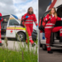 Im Bild links sind zwei junge Männer und eine junge Frau in Einsatzkleidung zu sehen, die gerade von einem Rettungsauto weggehen. Im Bild rechts steigt eine junge Frau in Einsatzkleidung in ein Rettungsauto.
