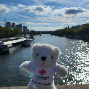 Zu sehen ist Bärli auf einer Brücke der Seine in Paris.