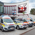 vier Einsatzfahrzeuge (RTW, Einsatzleiter, Notarztwagen und KTW) stehen aufgereiht vor dem Gebäude der Bezirksstelle Osttirol
