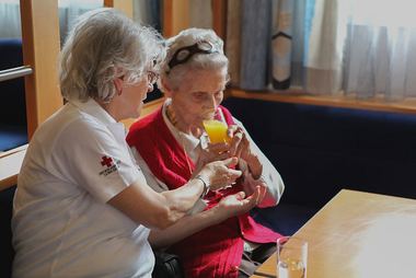 Besuchsdienstmitarbeiterin sitzt mit der älteren Dame bei ihr zu Hause