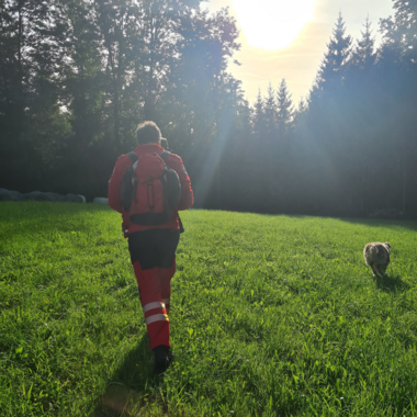 Suchhund und Hundeführer gehen über eine Wiese und suchen die Vermissten
