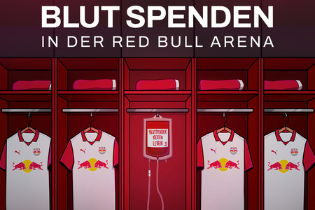 Die Abbildung zeigt Fußballtrikots und einen Blutspendebehälter in einem roten Spind in der Red Bull Arena.