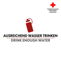 Trinkflaschensymbol mit dem Text "Ausreichend Wasser trinken - drink enough water".