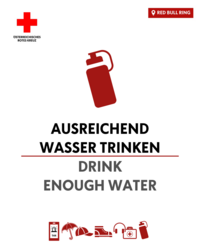 Trinkflaschensymbol mit dem Text "Ausreichend Wasser trinken - drink enough water".