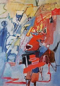 ein rot-blaudominiertes, abstraktes Acrylbild