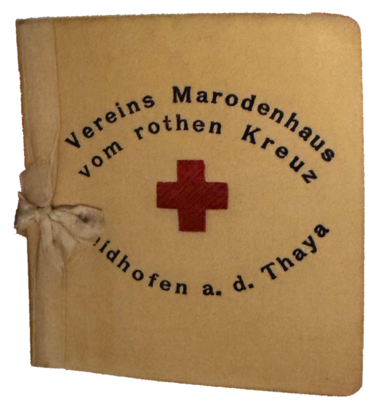 Historische Mappe mit der Aufschrift: Vereins Marodenhaus vom rothen Kreuz Waidhofen a.d.Thaya