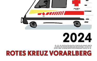 © RKV Das Cover des Jahresberichts des Roten Kreuzes Vorarlberg 2024 zeigt ein animiertes Rettungsauto sowie die Jahreszahl.