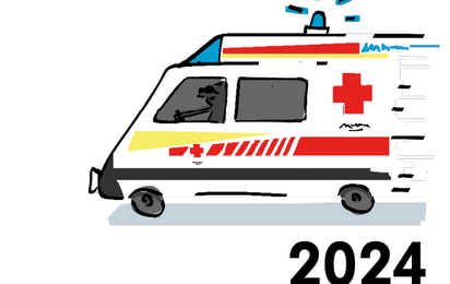 Das Cover des Jahresberichts des Roten Kreuzes Vorarlberg 2024 zeigt ein animiertes Rettungsauto sowie die Jahreszahl.