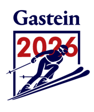Emblem der 30. Bundesskimeisterschaft des Roten Kreuzes. Ein Skifahrer vor den Worten "Gastein" und "2026".