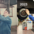 Hannes Luttenberger beim Reifenwechseln. Das Bild zeigt einen Vergleich von 1993 und 2023.