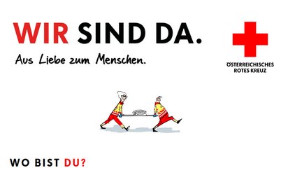 © Rotes Kreuz Vorarlberg Rotkreuz-Claim"Wir sind da." mit einem Rotkreuz-Comic und der Frage "Wo bist du?"