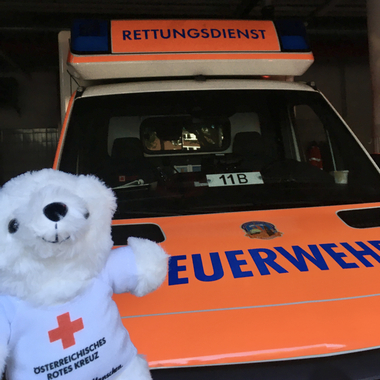 Zu sehen ist Bärli vor einem knallorangenen Rettungswagen der Hamburger Beurfsfeuerwehr.