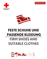 Wanderschuh-Symbol mit dem Text "Festes Schuhwerk und passende Kleidung - firm shoes and suitable clothes".