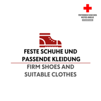 Wanderschuh-Symbol mit dem Text "Festes Schuhwerk und passende Kleidung - firm shoes and suitable clothes".
