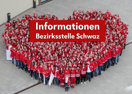 Ein menschliches Herz aus Rotkreuzler_innen mit einem Button "Informationen Bezirksstelle Schwaz"