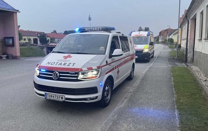 Ein Notarzteinsatzfahrzeug und ein Rettungstransportwagen im Einsatz auf einer Straße im ländlichen bewohnten Bereich.