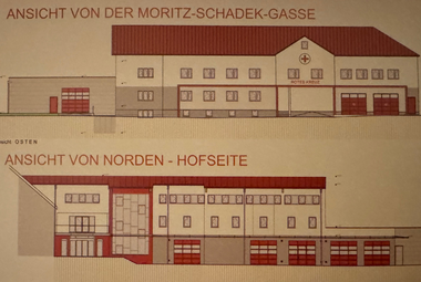 Skizze des erweiterten modernisierten Gebäudes mit Frontalansichten straßenseitig und hofseitig..