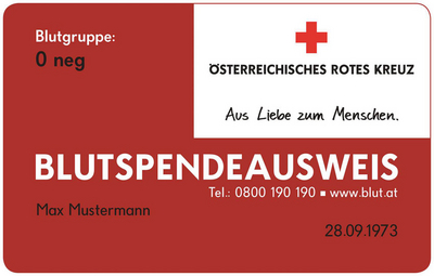 © ÖRK Exemplarisch dargestelltes Muster eines Blutspendeausweises. Darauf ersichtlich ist Name, Geburtsdatum sowie die eigene Blutgruppe
