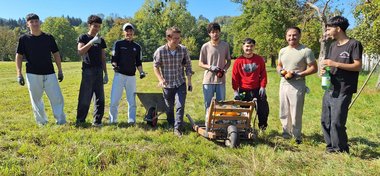 Gruppe Helfer beim Obstklaubn 2025 auf Streuobstwiesen Obst-Hügel-Land