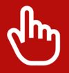 Bild eines weißen Icons auf rotem Hintergrund, welches eine Hand darstellen soll, der Zeigefinger klickt auf etwas