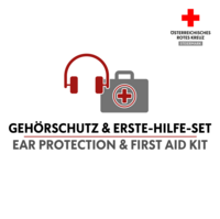 Kopfhörersymbol mit dem Text: "Gehörschutz & Erste-Hilfe-Set - ear protection & first aid kit".