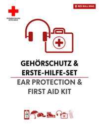 Kopfhörersymbol mit dem Text: "Gehörschutz & Erste-Hilfe-Set - ear protection & first aid kit".