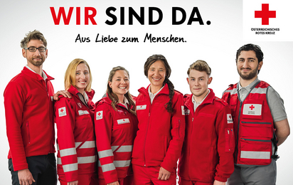 Rotkreuz-Mitarbeiter:innen auf dem Sujet der Imagekampagne "Wir sind da"