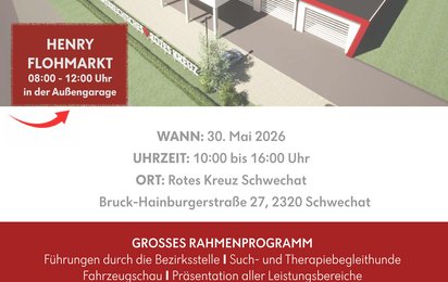 Plakat zum Tag der offenen Tür des Roten Kreuzes Schwechat am 30. Mai 2026 mit Informationen zu Programm und Veranstaltungsort.
