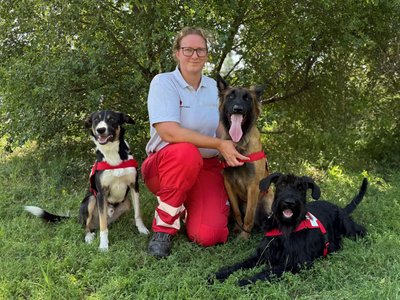 Marleen Gartner mit Pixie Cobain und Vini - © RK NÖ Teamfoto Marleen Gartner mit Border Collie Pixie, Tevuere Cobain und Riesenschnauzer Vini