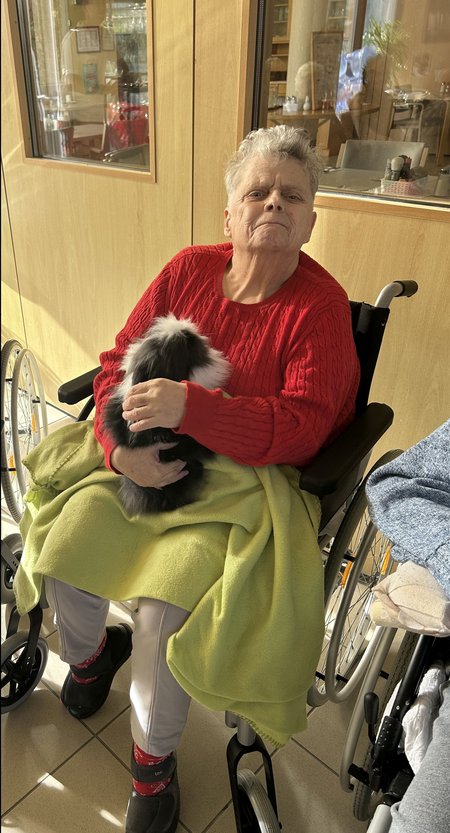 Eine Dame sitzt in einem Rollstuhl und hält einen Hund auf ihrem Schoß.