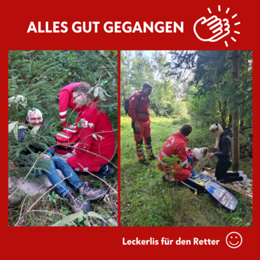 2 Fotos mit einem lachenden Gefundenen und einem auf dem die Gefundene dem Suchhund ein Leckerli gibt