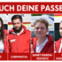 Die Sanitäter:innen Daniel, Mario, Chiara, Christian, Gabriel, Julia, David und Anna-Maria stehen vor einem Rettungswagen und trägt die markante rote Uniformjacke. Es handelt sich um einen Zusammenschnitt von 8 Fotos.