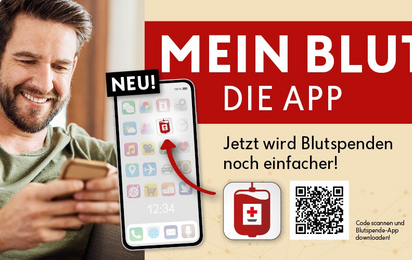 Header Image Mein Blut Ein Mann mit seinem Handy in der Hand wählt die neue Blutspende App - Mein Blut aus