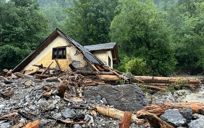 Die Trümmer eines an einem Wald stehenden Hauses
