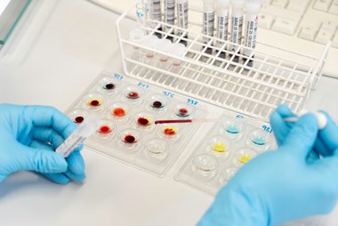 Rotkreuz-Mitarbeiter bei der Labordiagnostik in der Blutspendezentrale, wo das bei einer Blutspende abgenommene Blut untersucht wird.