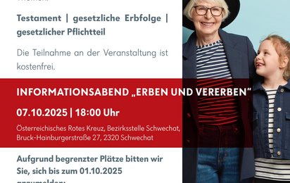 Plakat zum Infoabend "Erben udn Vererben". Abgebildet sind eine ältere Dame und ein junger Bub.