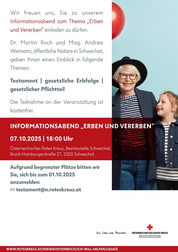 Plakat zum Infoabend "Erben udn Vererben". Abgebildet sind eine ältere Dame und ein junger Bub.