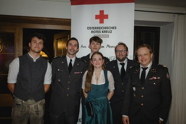Organisations-Team mit Abteilungskommandant und Landesrettungskommandant a.I. v.l.n.r.: Lucas Wallner, AK Jörg Spraider, Leonie Schnitzler, Jonas Amon, Thomas Hinterseer, LRK a.I. Clemens Ebster