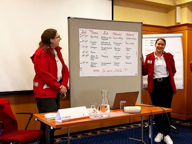 Zwei Teilnehmerinnen stehen neben einer Pinwand mit einer Stundenplanung.