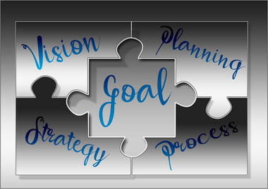 fünf Puzzleteile fügen sich zu einem Puzzle zusammen und verbinden Goal, Planning, Vision, Process, Strategy