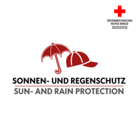 Sonne/Wolken-Symbol mit dem Text "Sonnen- und Regenschutz - Sun- and rain protection" darunter.