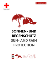 Sonne/Wolken-Symbol mit dem Text "Sonnen- und Regenschutz - Sun- and rain protection" darunter.