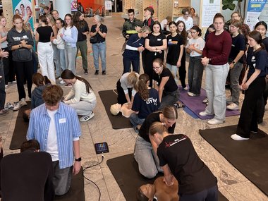 Schüler:innen trainieren die Wiederbelebung an Übungspuppen.