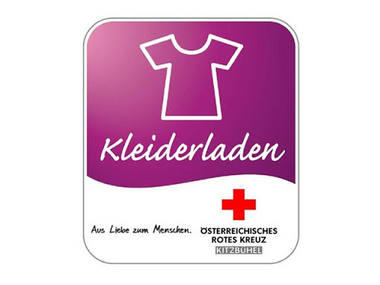 Das Logo des Kleiderladens zeigt ein stiliertes T-shirt auf lila Hintergrund