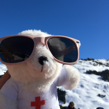 Bärli mit Sonnenbrille vor einem verschneiten Berg bei strahlend blauem Himmel.
