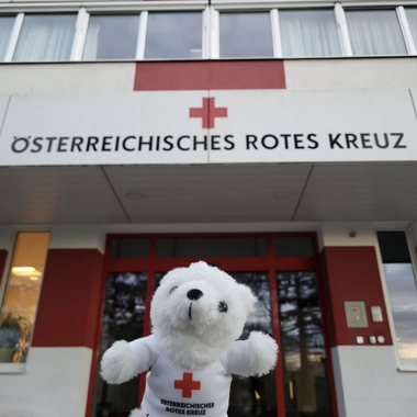 Zu sehen ist Bärli vor dem Ausbildungszentrum in Wien - im Hintergrund sieht man den Eingang mit einem großen Roten Kreuz und dem Schriftzug "Österreichisches Rotes Kreuz" darunter.