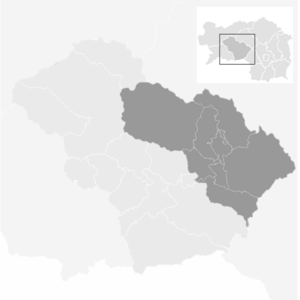 Schematische Karte des politischen Bezirkes Murtal. Hervorgehoben sind die Gemeinden des Rotkreuz-Bezirkes Knitteldeld - ein Teil des politischen Bezirkes.